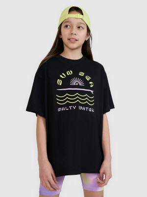 4F T-shirt oversize z nadrukiem dziewczęcy - czarny