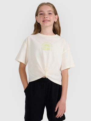 4F T-shirt oversize crop top z nadrukiem dziewczęcy - biały