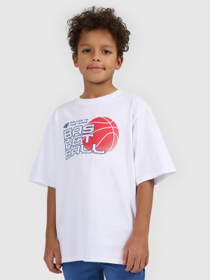 4F T-shirt loose z nadrukiem chłopięcy - biały