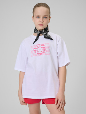 4F T-shirt loose z nadrukiem dziewczęcy - biały