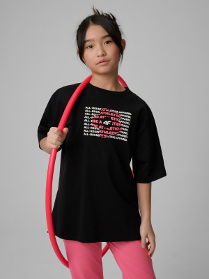 4F T-shirt loose z nadrukiem dziewczęcy - czarny