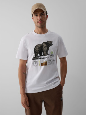 4F T-shirt regular z nadrukiem męski - kremowy