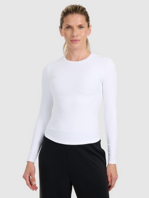 4F Longsleeve slim z prążkowanej dzianiny damski - biały