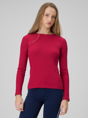 4F Longsleeve slim z prążkowanej dzianiny damski - różowy