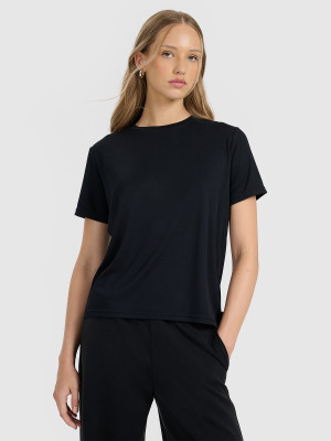 4F T-shirt z prążkowanej dzianiny z modalem damski - czarny