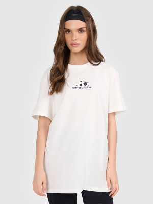 4F T-shirt oversize z nadrukiem damski - beżowy