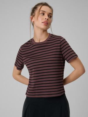 4F T-shirt regular gładki damski - brązowy