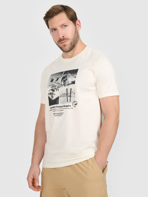 4F T-shirt regular z nadrukiem męski - beżowy