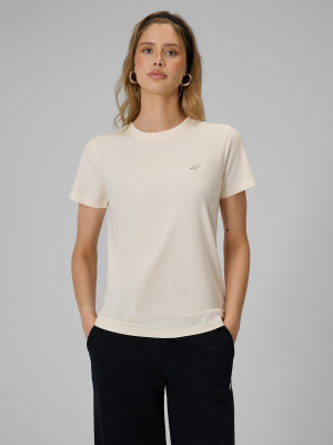 4F T-shirt regular gładki damski - kremowy