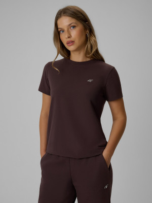 4F T-shirt regular gładki damski - brązowy