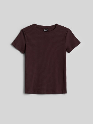 4F T-shirt slim z prążkowanej dzianiny damski - brązowy
