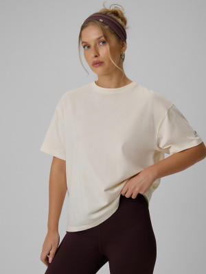 4F T-shirt loose gładki damski - kremowy