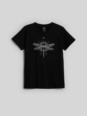 4F T-shirt regular z nadrukiem damski - czarny