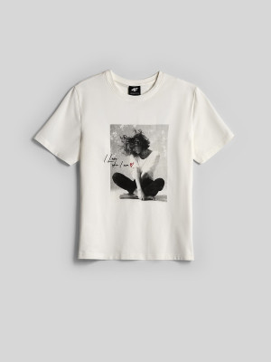 4F T-shirt relaxed z nadrukiem damski - kremowy