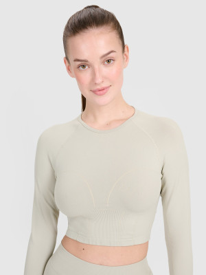 4F Longsleeve treningowy crop-top z wycięciem na plecach damski - beżowy