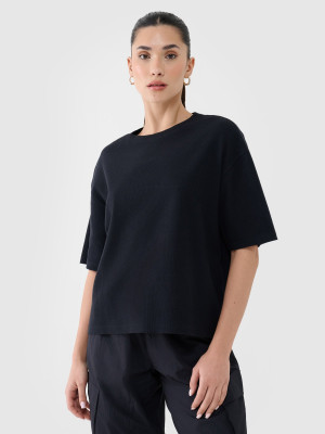 4F T-shirt regular z waflowej dzianiny damski - czarny