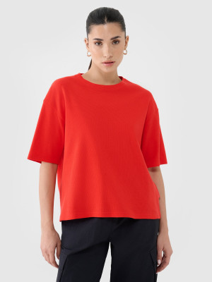 4F T-shirt regular z waflowej dzianiny damski - czerwony