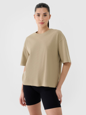 4F T-shirt regular z waflowej dzianiny damski - beżowy
