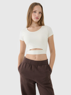 4F T-shirt crop top gładki damski - biały