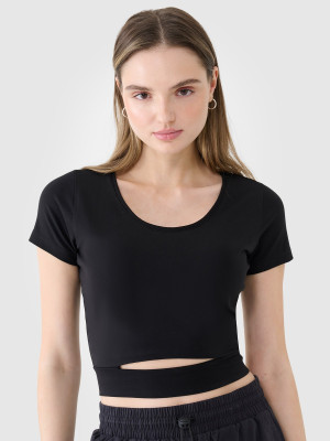 4F T-shirt crop top gładki damski - czarny