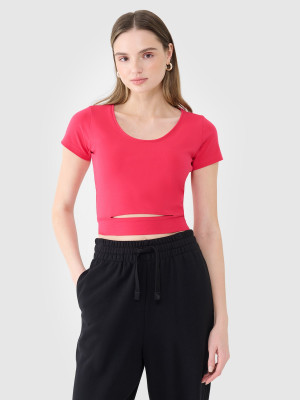 4F T-shirt crop top gładki damski - różowy