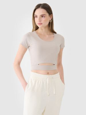 4F T-shirt crop top gładki damski - beżowy