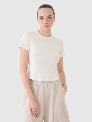 4F T-shirt slim z prążkowanej dzianiny damski - biały