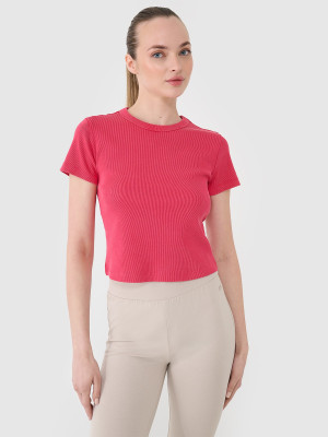 4F T-shirt slim z prążkowanej dzianiny damski - różowy