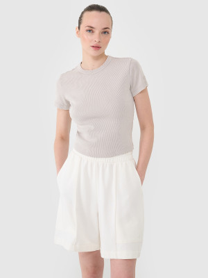 4F T-shirt slim z prążkowanej dzianiny damski - beżowy