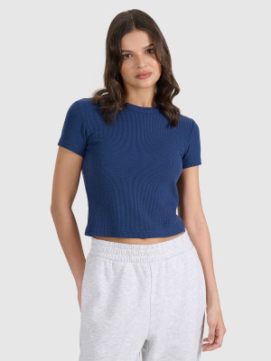 4F T-shirt slim z waflowej dzianiny damski - granatowy