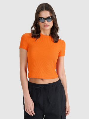 4F T-shirt slim z waflowej dzianiny damski - pomarańczowy