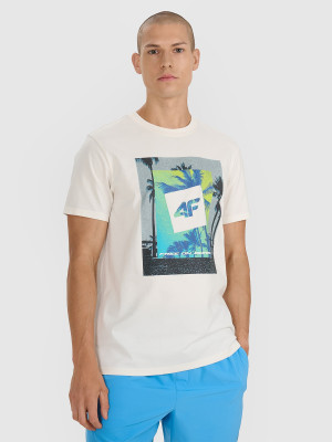 4F T-shirt regular z nadrukiem męski - beżowy