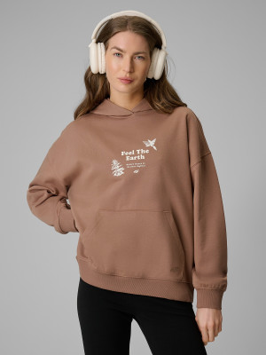 4F Bluza dresowa loose z kapturem damska - beżowa