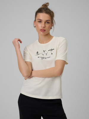 4F T-shirt regular z nadrukiem damski - beżowy