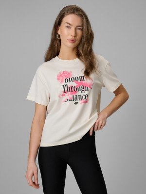 4F T-shirt regular z nadrukiem damski - beżowy