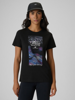 4F T-shirt regular z nadrukiem damski - czarny