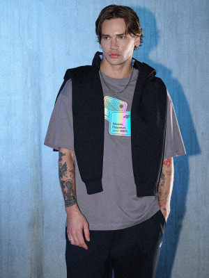 4F T-shirt loose z nadrukiem męski - szary