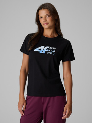 4F T-shirt regular z nadrukiem damski - czarny