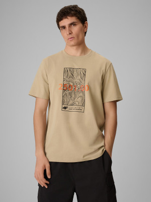 4F T-shirt regular z nadrukiem męski - beżowy