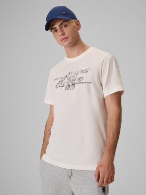 4F T-shirt regular z nadrukiem męski - kremowy