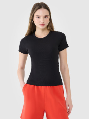 4F T-shirt slim z prążkowanej dzianiny damski - czarny
