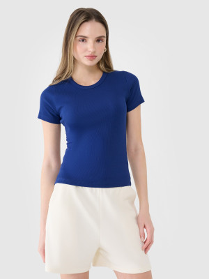 4F T-shirt slim z prążkowanej dzianiny damski - granatowy