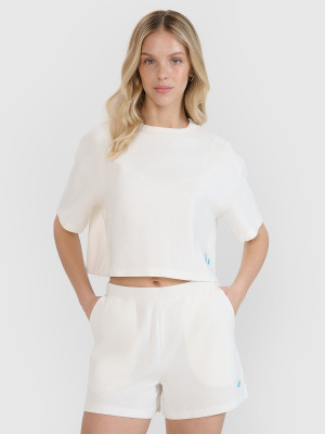 4F T-shirt crop top z waflowej dzianiny damski - biały