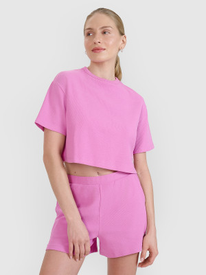 4F T-shirt crop top z waflowej dzianiny damski - różowy