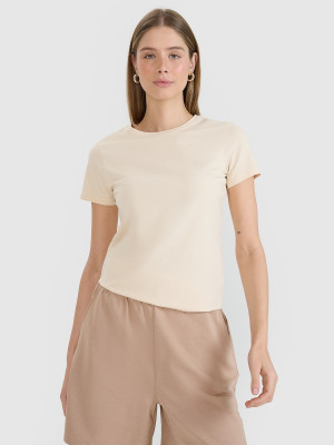 4F T-shirt slim gładki damski - beżowy