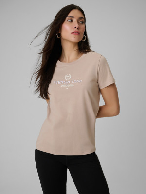 4F T-shirt regular z nadrukiem damski - beżowy