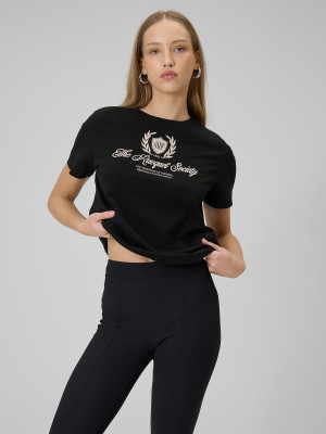 4F T-shirt boxy z nadrukiem damski - czarny
