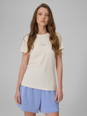 4F T-shirt slim z nadrukiem damski - beżowy