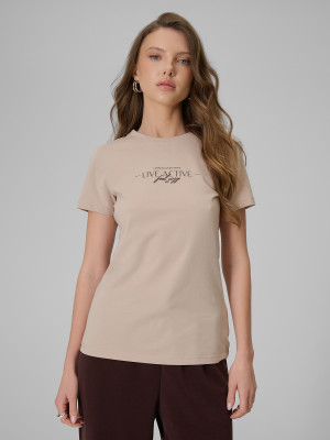4F T-shirt slim z nadrukiem damski - beżowy