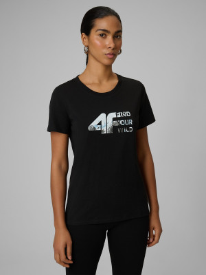 4F T-shirt regular z nadrukiem damski - czarny